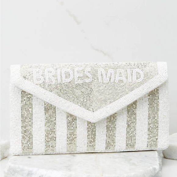 Red Dress Be My Bridesmaid White Silver Beaded Clutch Chain Crossbody OS NEW - Picture 2 of 12